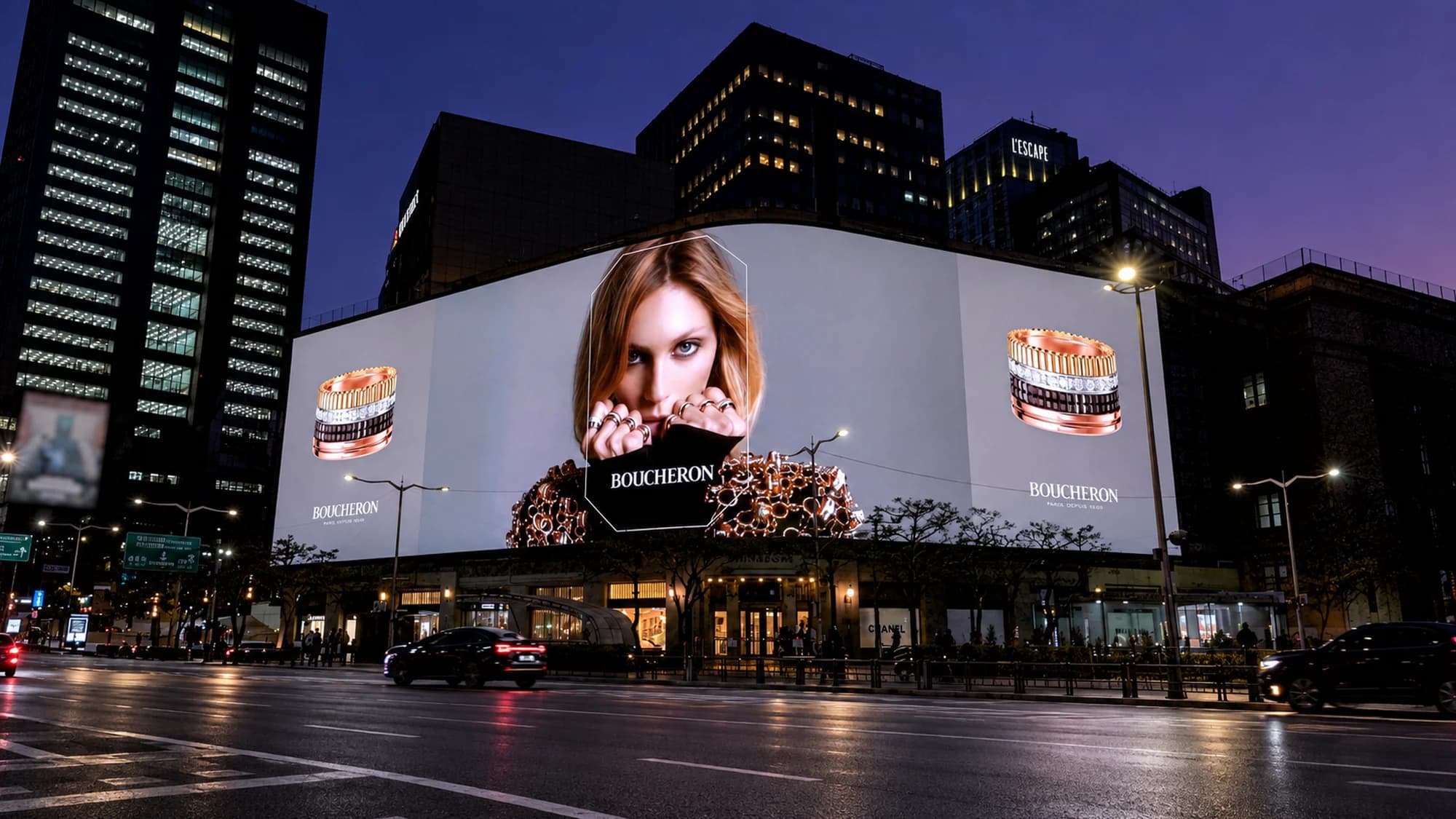 Digital out-of-home advertising in South Korea: screens above a shopping street include a green Spotify portrait of a blonde artist.