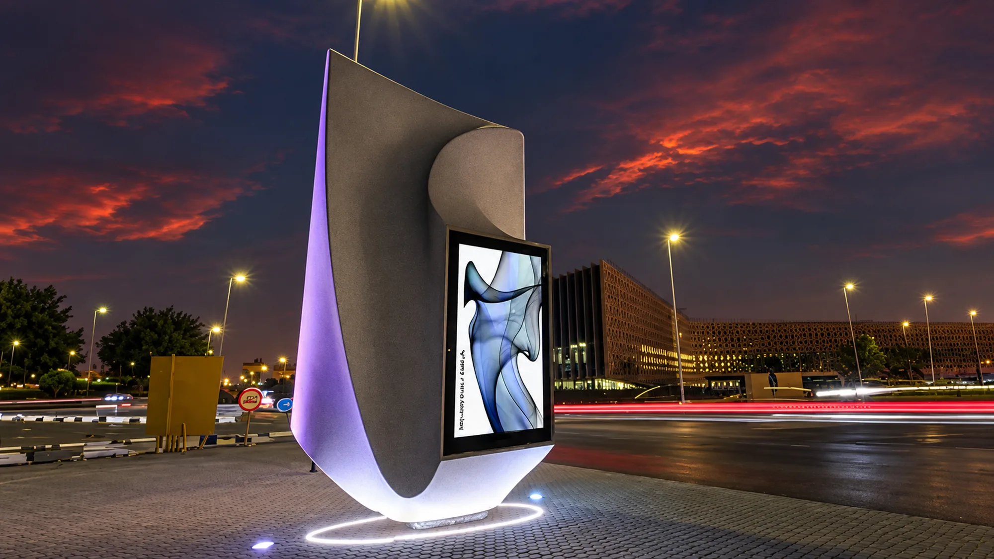 Street furniture advertising in Saudi Arabia: a sculptural roadside screen at night shows a blue abstract graphic beside a lit highway.