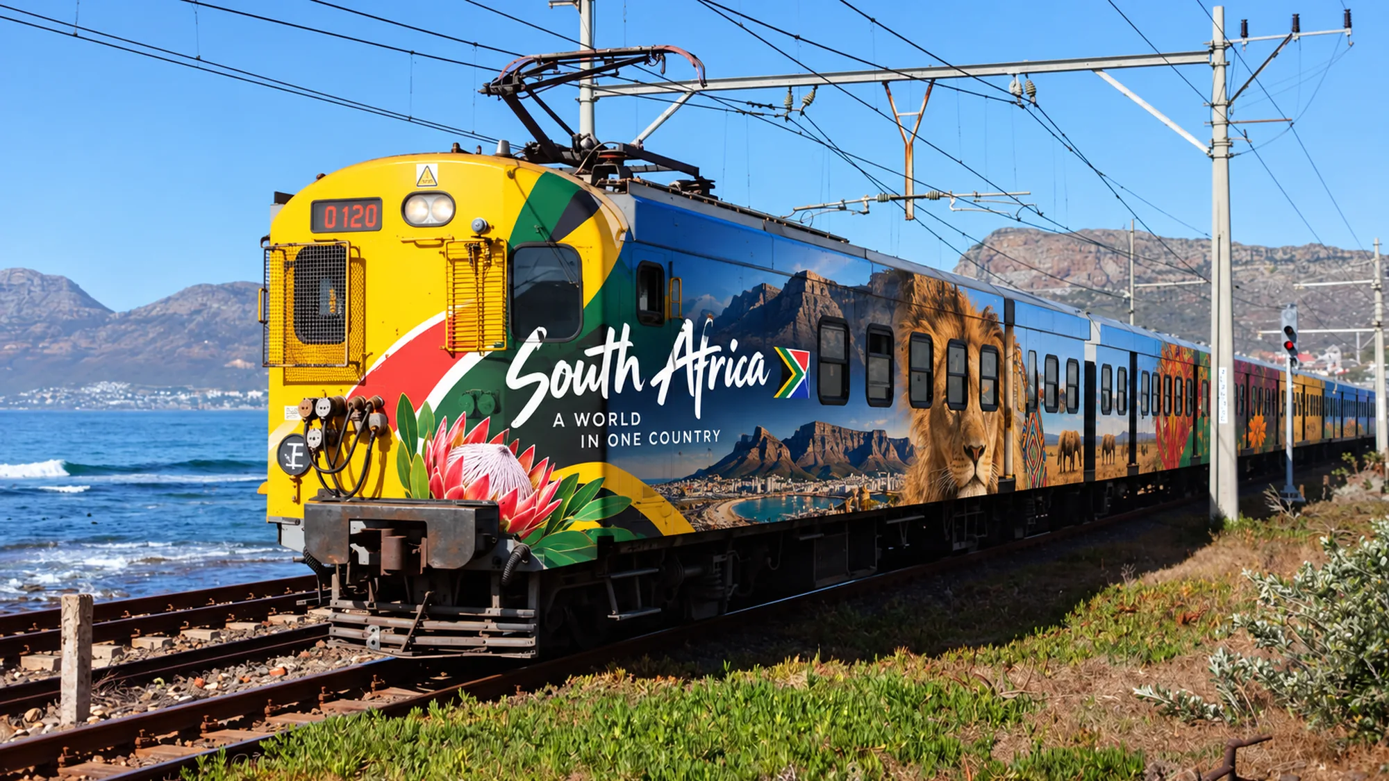 Rail advertising in South Africa: a yellow train beside the coast carries a South Africa wrap reading A world in one country, with a lion, a protea and mountains behind it.