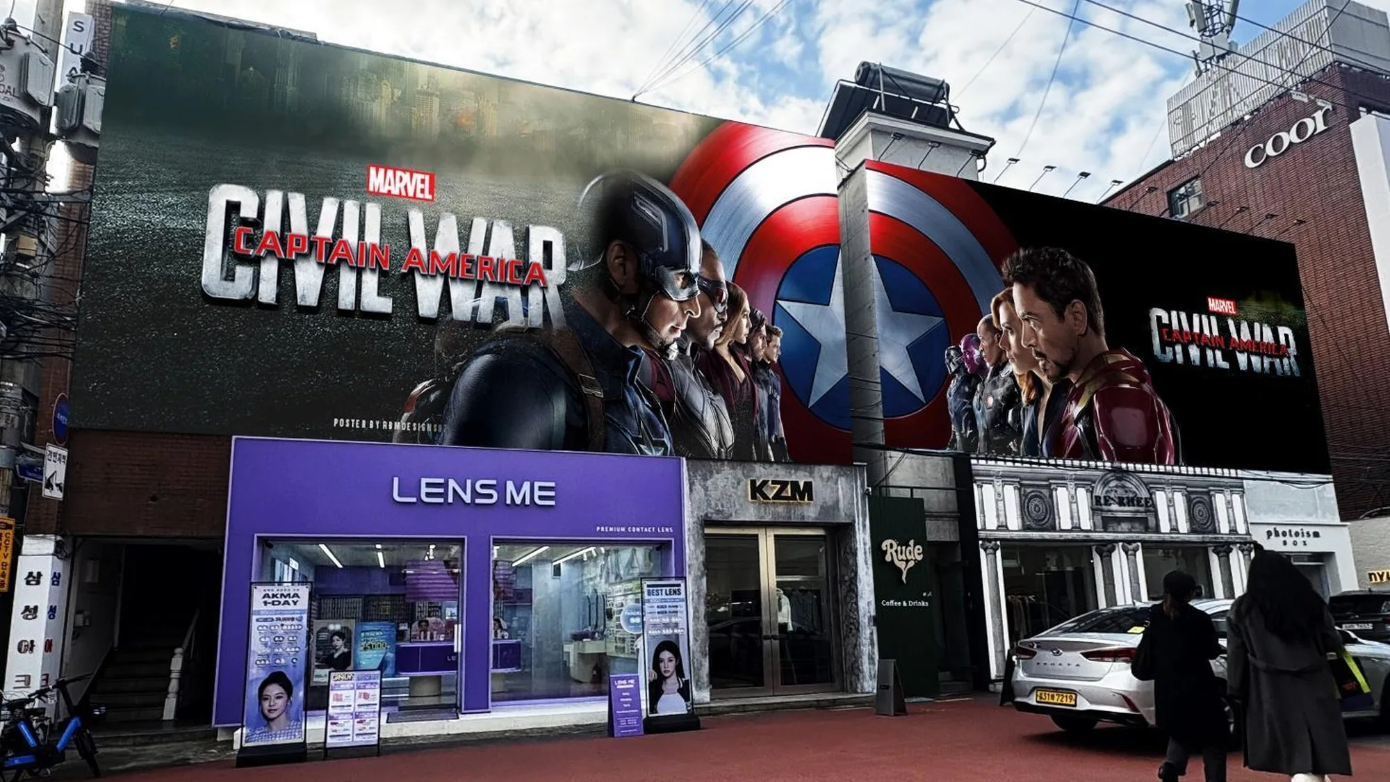 Large format building banner advertising in South Korea: banners advertise Marvel's Captain America: Civil War above a Lens Me shop.