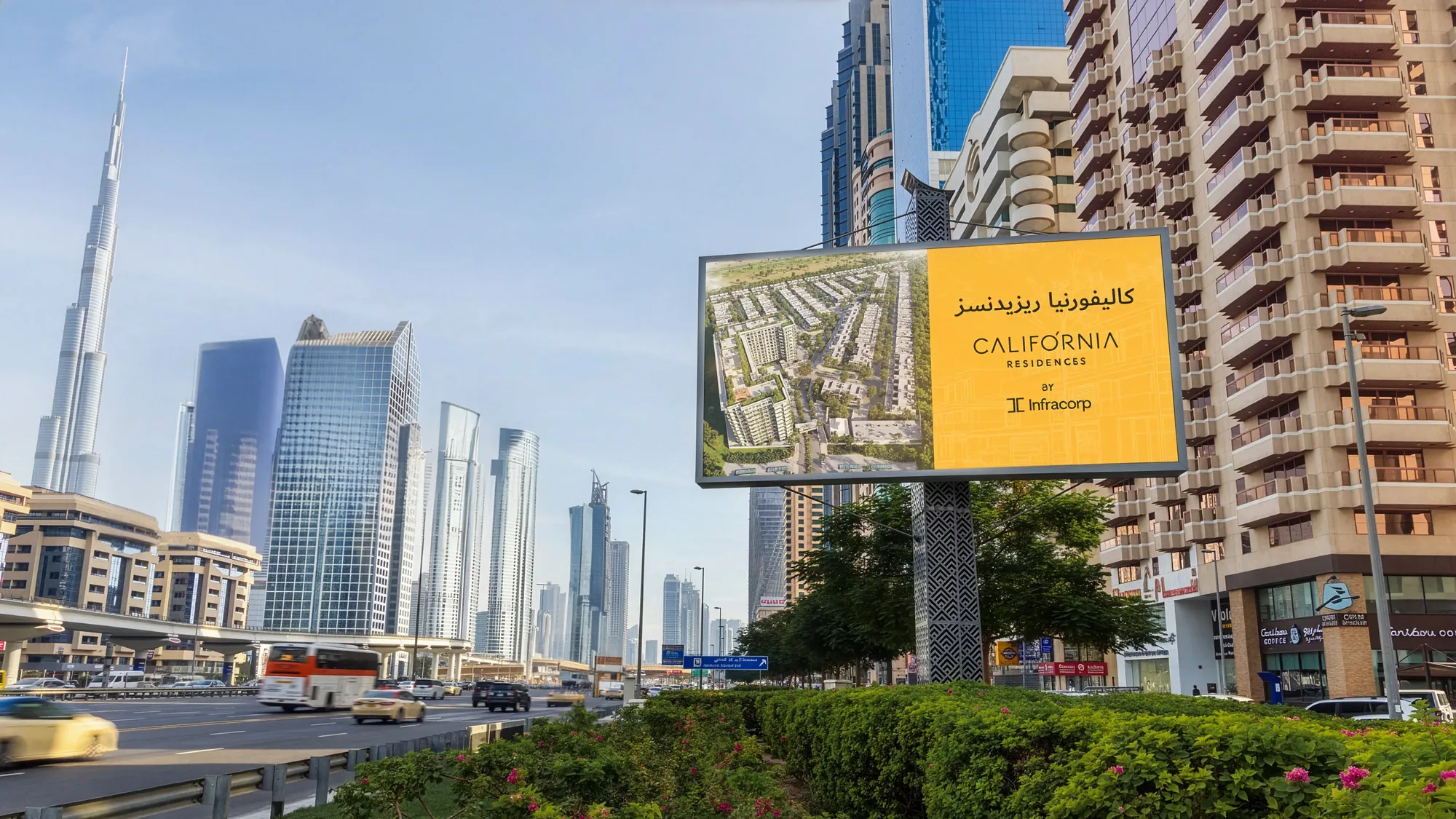 Billboard advertising in Dubai, in the UAE: a single-pole board for California Residences by Infracorp stands before the skyline.