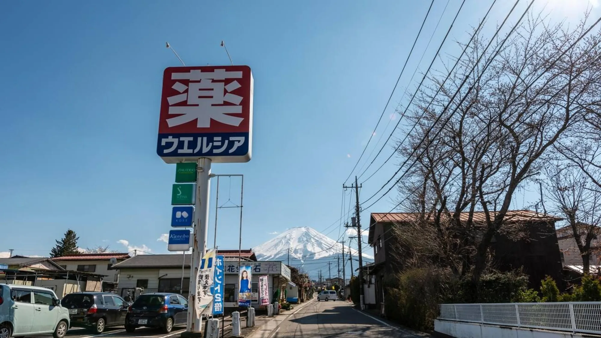 Billboard advertising in Japan: a tall Welcia pharmacy sign stands beside a road, with Mount Fuji behind it.