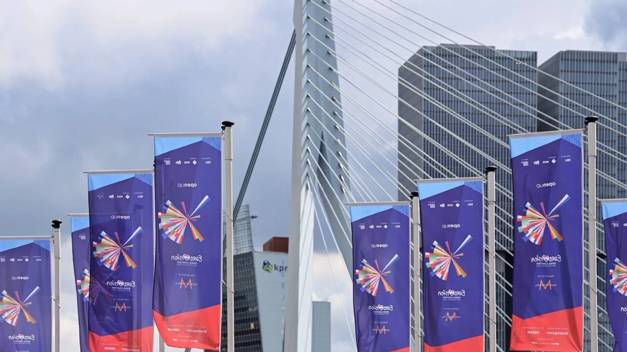 Bridge banner advertising in Rotterdam, in the Netherlands: North Sea Jazz flags stand in front of the Erasmus Bridge.