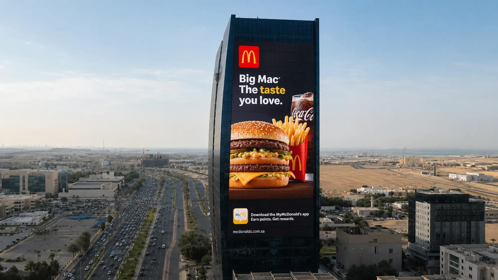Building banner advertising in Saudi Arabia: a tower beside a highway carries a McDonald's banner for the Big Mac, with the line The taste you love.