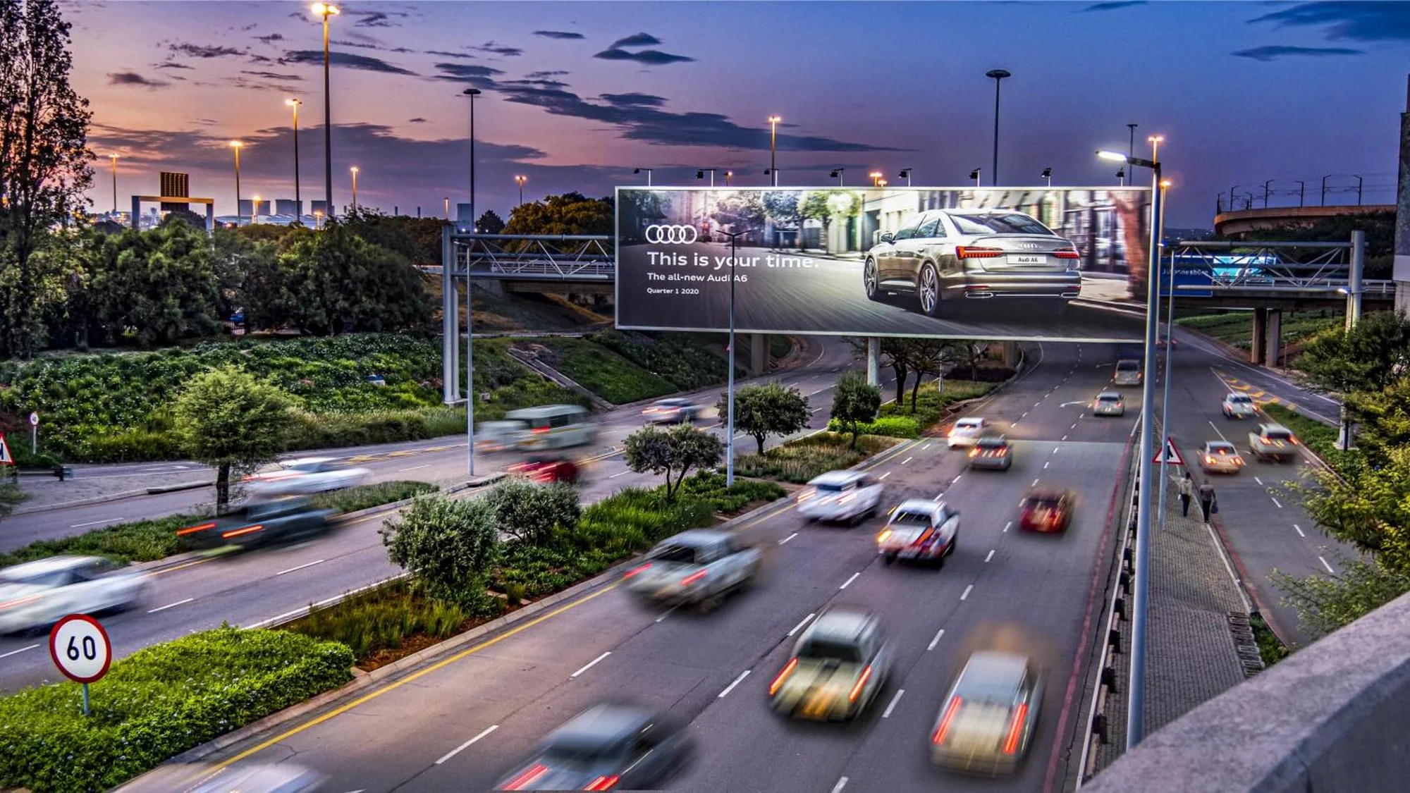 Highway billboard advertising in South Africa: a board advertises the all-new Audi A6 with the line This is your time.