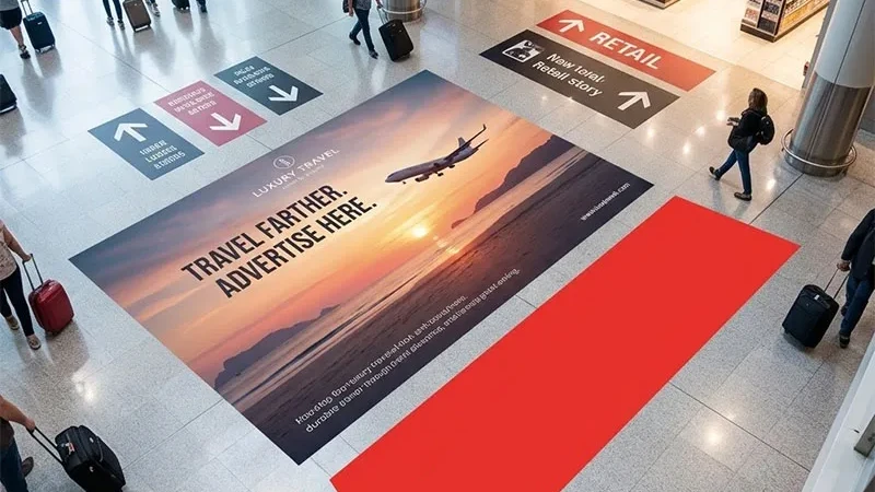 Airport floor advertising: a graphic reading Travel farther, advertise here lies among wayfinding arrows.