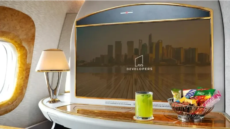 In-flight advertising: a cabin screen shows a Lays Developers skyline advert beside a drink and snacks.