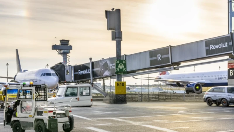 Airport advertising at Berlin Airport in Germany: a Revolut-branded airbridge leads to aircraft at gate B10.