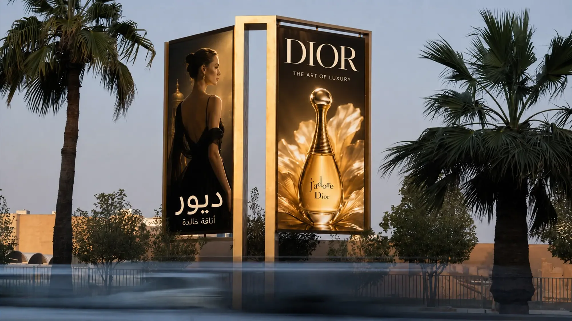 Billboard advertising: twin roadside screens show a Dior J'adore perfume advert between palm trees.