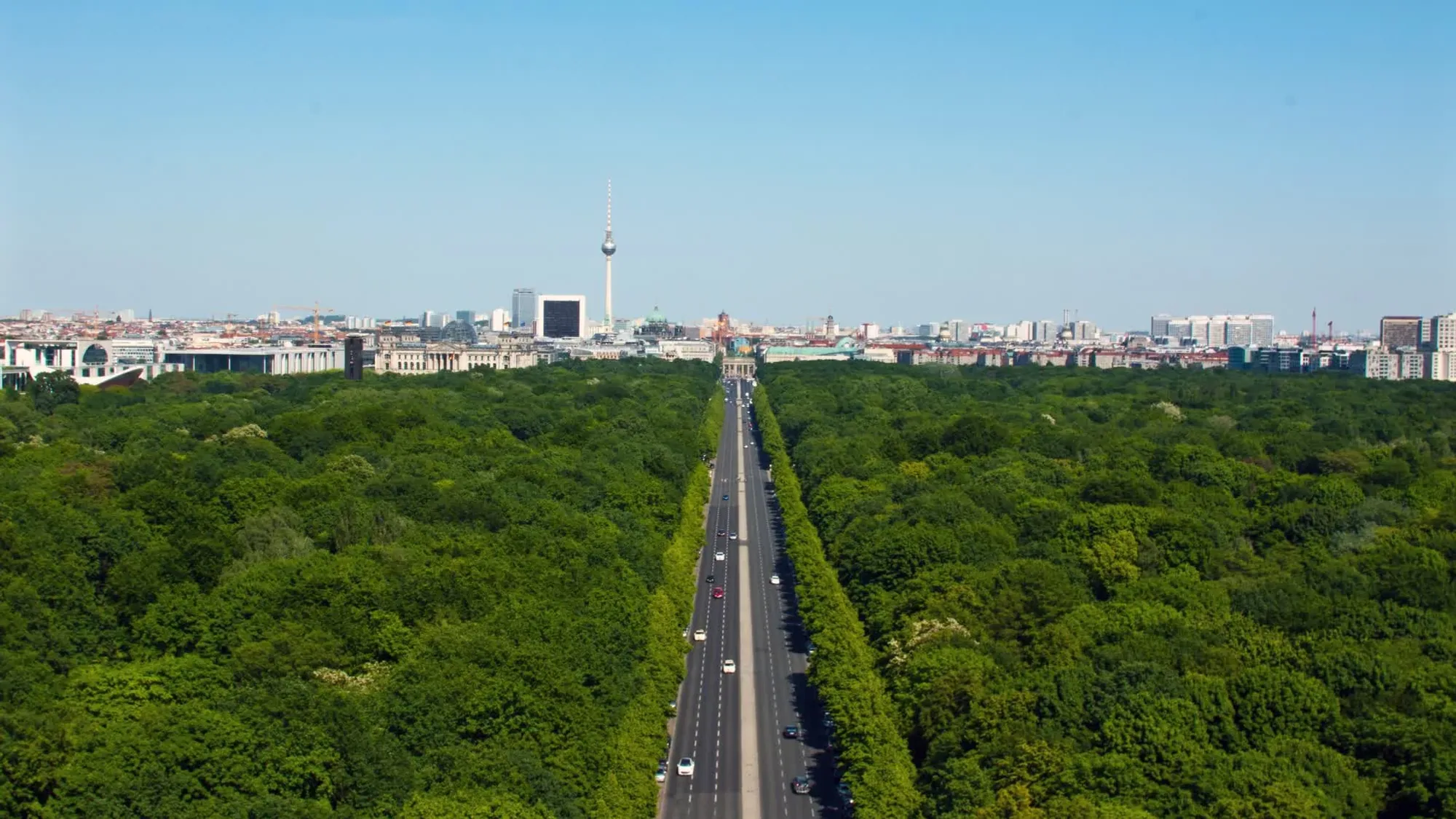 A tree-lined avenue runs through parkland towards the Berlin TV Tower.