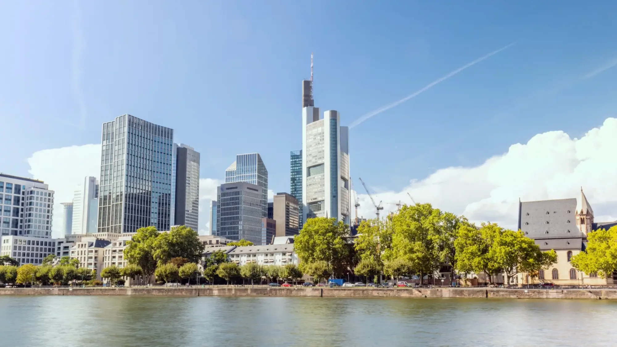 Frankfurt's towers rise behind riverside trees under a blue sky.