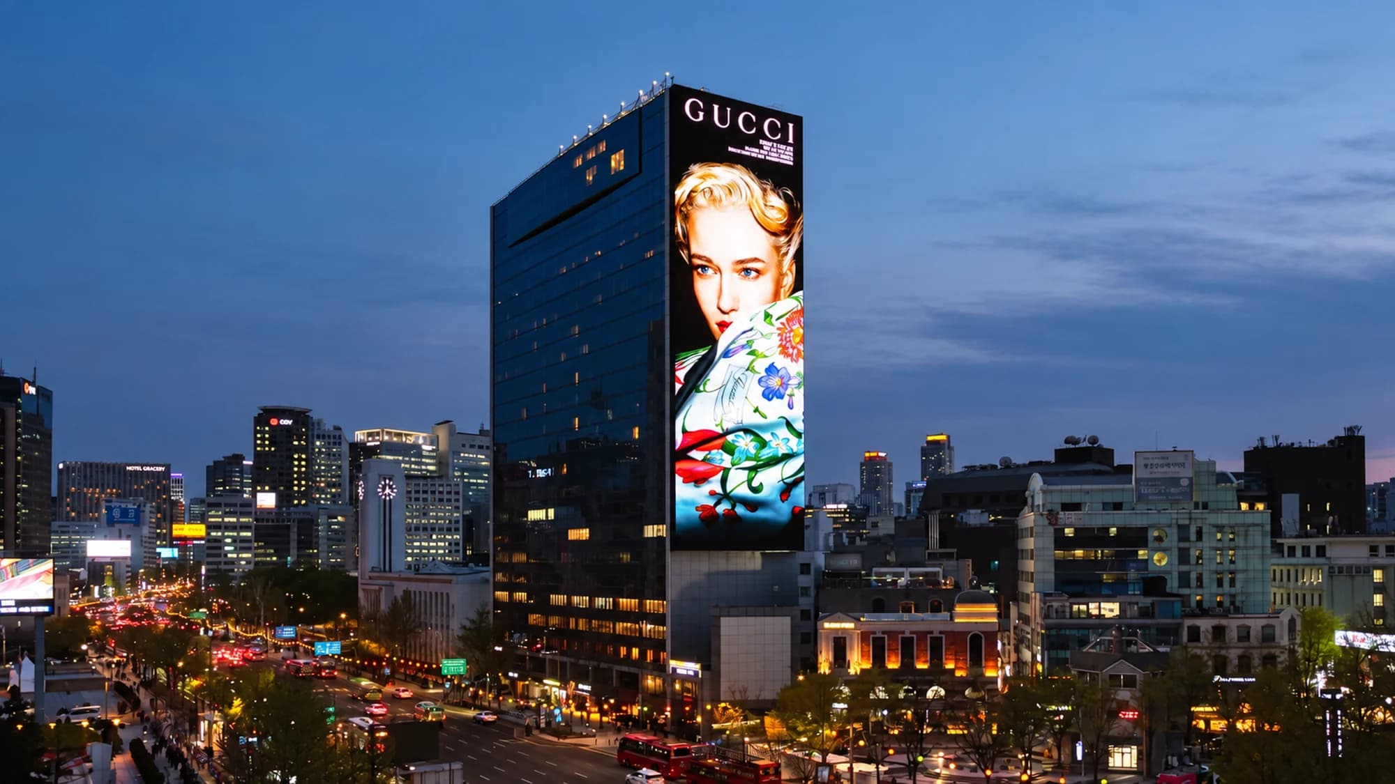 Billboard advertising in South Korea: green Naver and Spotify boards show a blonde artist on a busy shopping street.