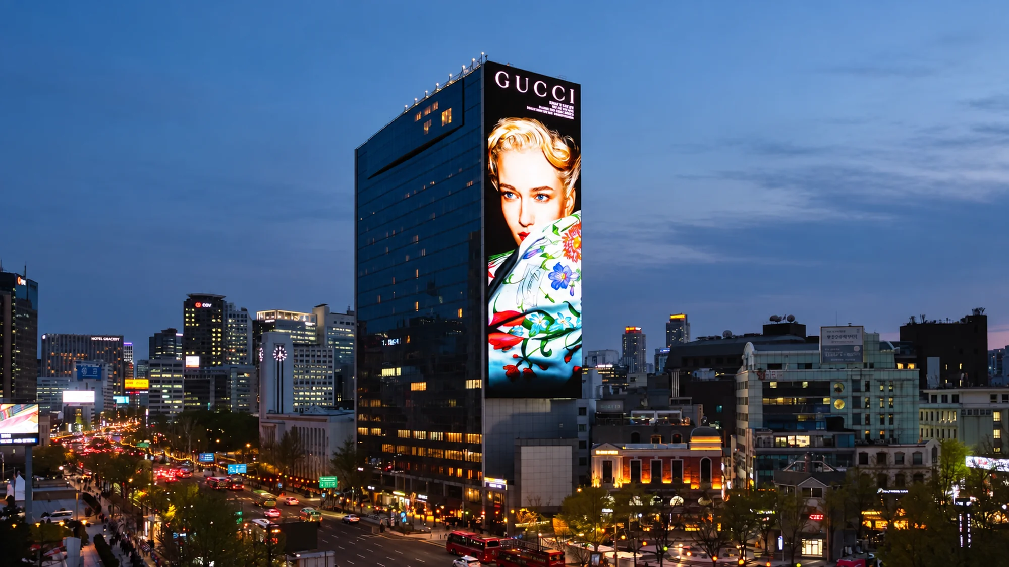 Billboard advertising in South Korea: green Naver and Spotify boards show a blonde artist on a busy shopping street.