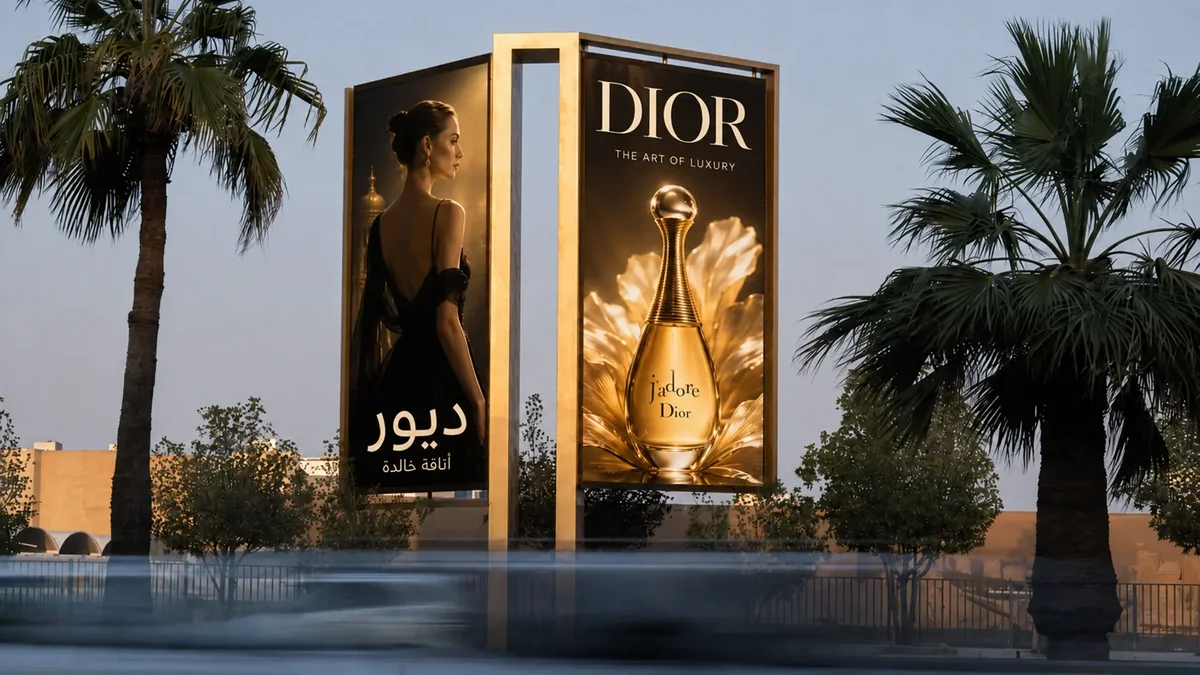 Digital billboard advertising: twin roadside screens show a Dior J'adore perfume advert between palm trees.
